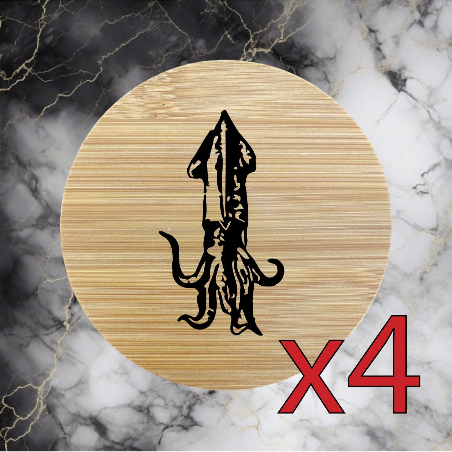 Squid x4 Bamboo Coasters Drink Natural Wood Home Decor Lounge Animal Ocean NEW