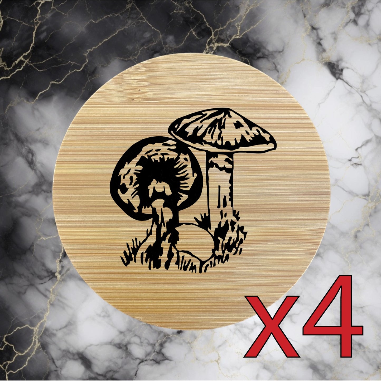 Mushroom x4 Bamboo Coasters Drink Natural Wood Home Decor Lounge Fungus Wild NEW