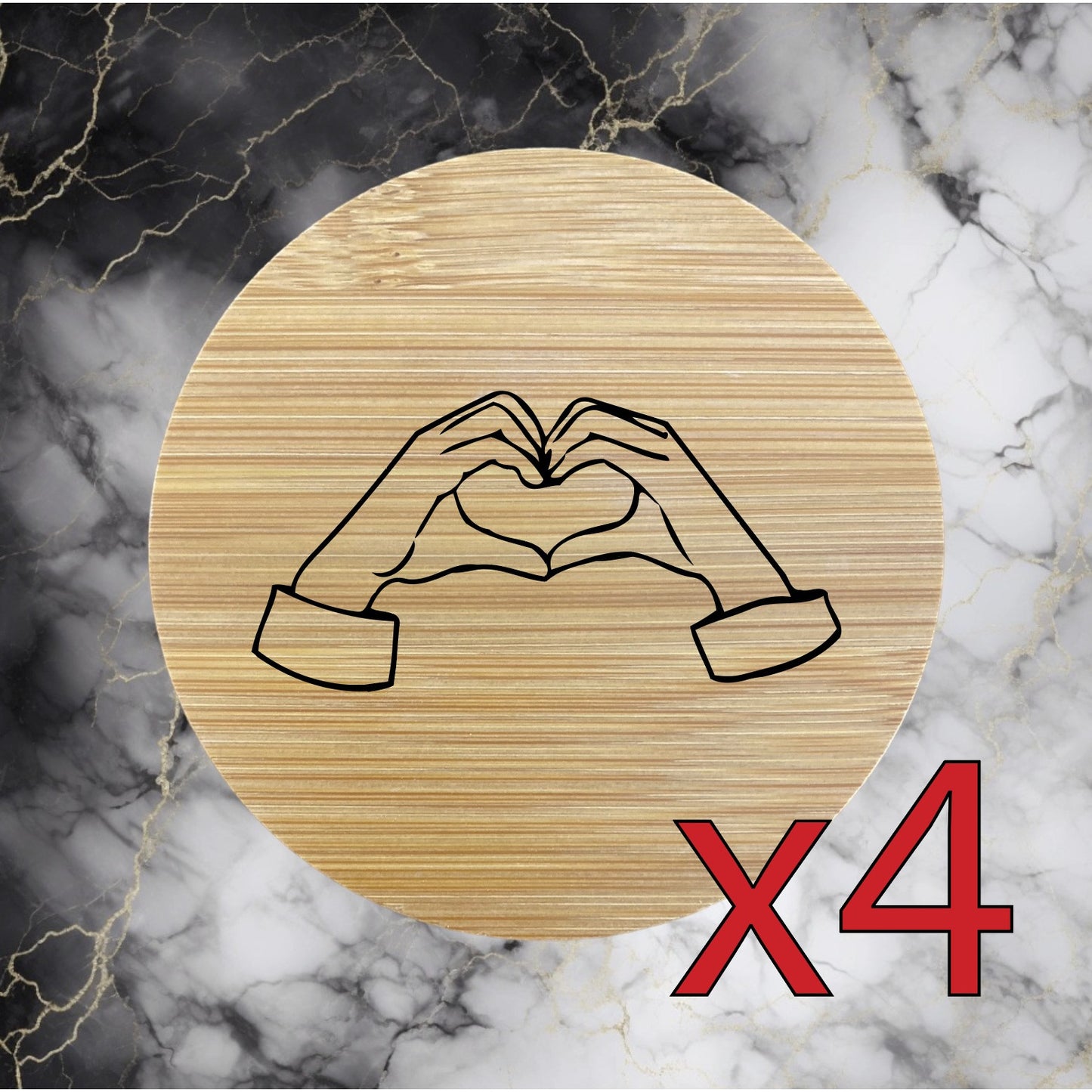 Heart Hands x4 Bamboo Coasters Drink Natural Wood Home Decor Lounge Love NEW