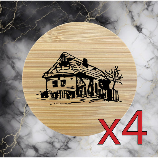 Cabin Cottage x4 Bamboo Coasters Drink Natural Wood Home Decor Lounge Nature NEW