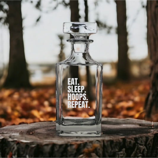 Eat Sleep Hoops Decanter 26 Oz Bourbon Whiskey Premium Glass Personalize NEW