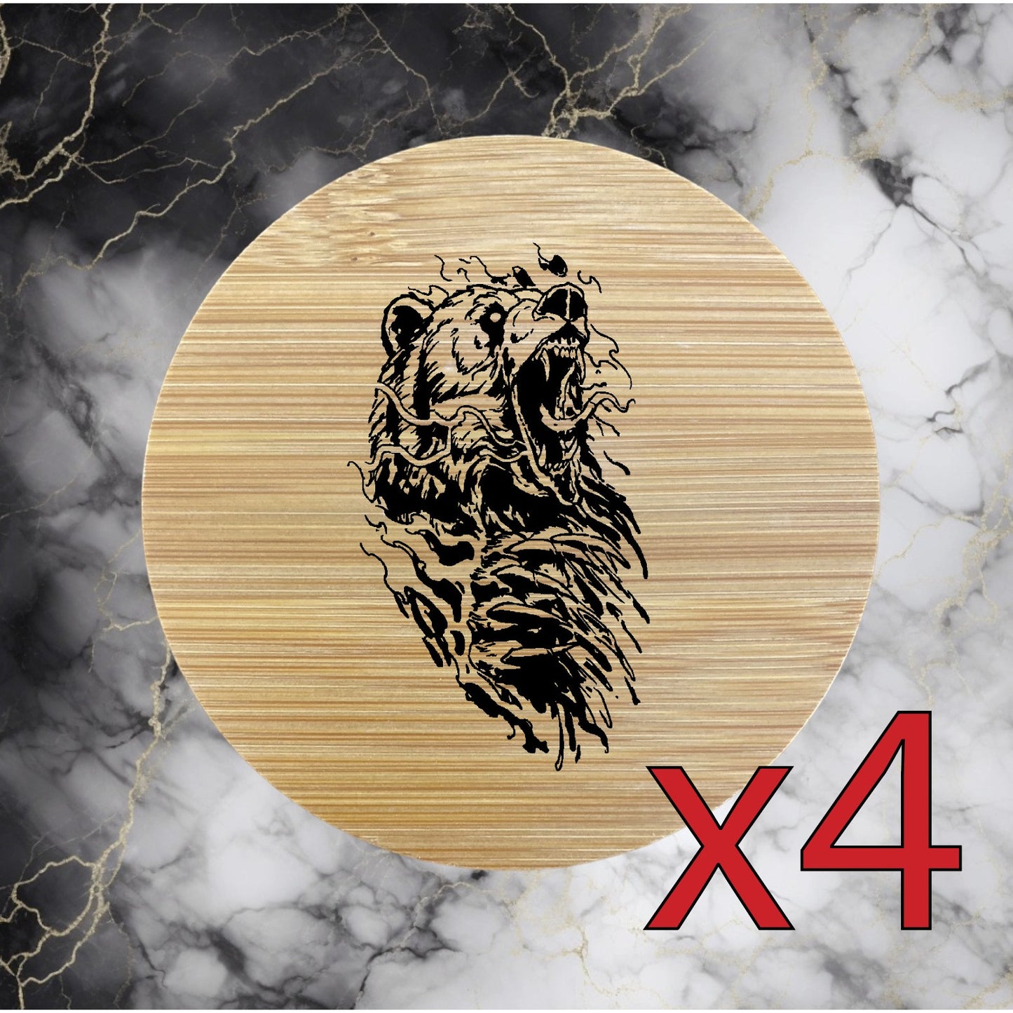 Bear Slash x4 Bamboo Coasters Drink Natural Wood Home Decor Lounge Animal NEW