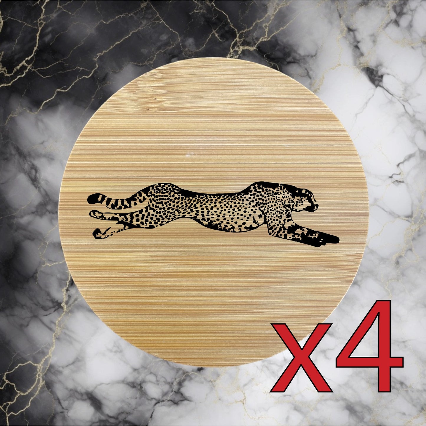 Cheetah x4 Bamboo Coasters Drink Natural Wood Home Decor Lounge Running NEW