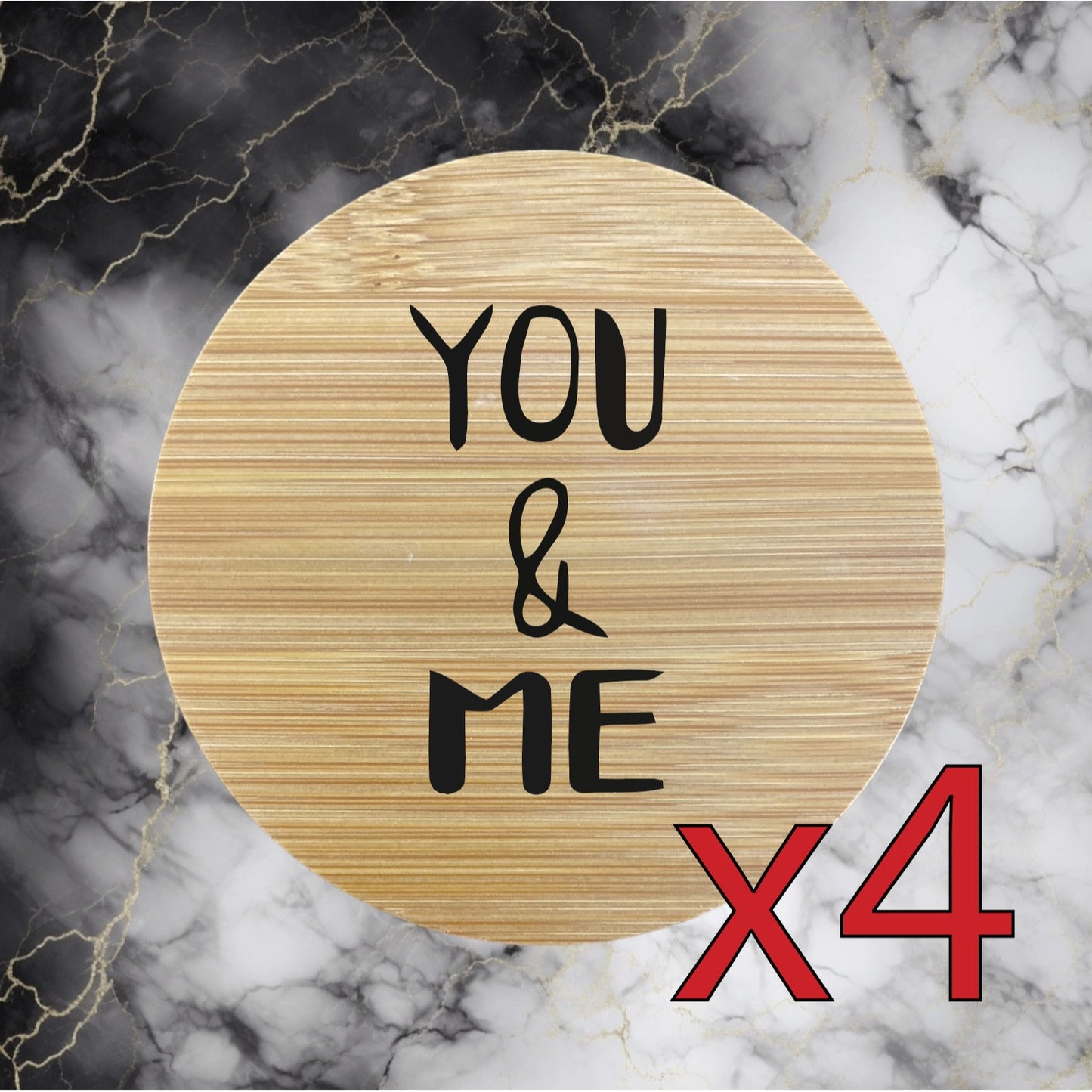 You and Me x4 Bamboo Coasters Drink Natural Wood Home Decor Lounge Love Gift NEW