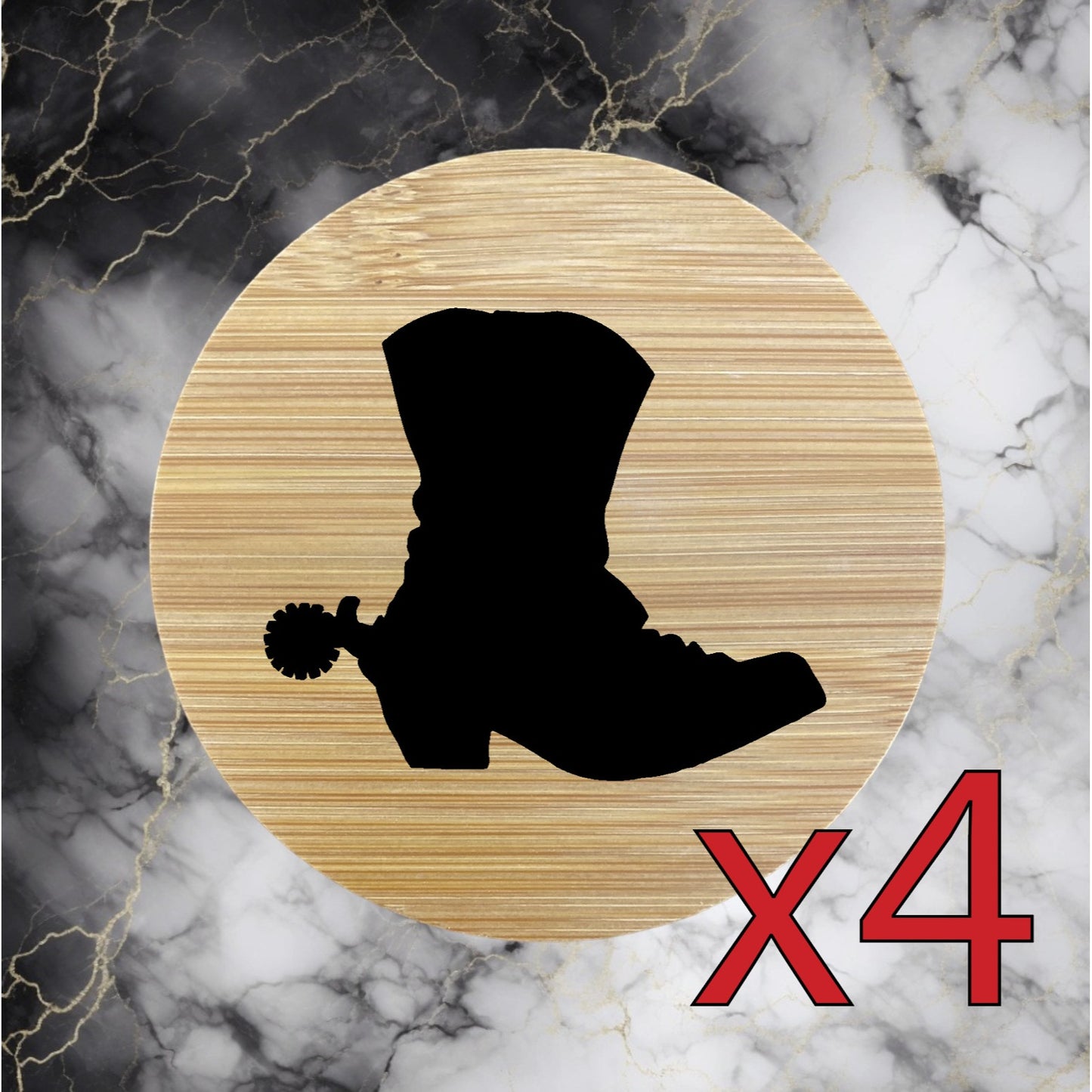 Cowboy Boot x4 Bamboo Coasters Drink Natural Wood Home Decor Lounge Spur NEW