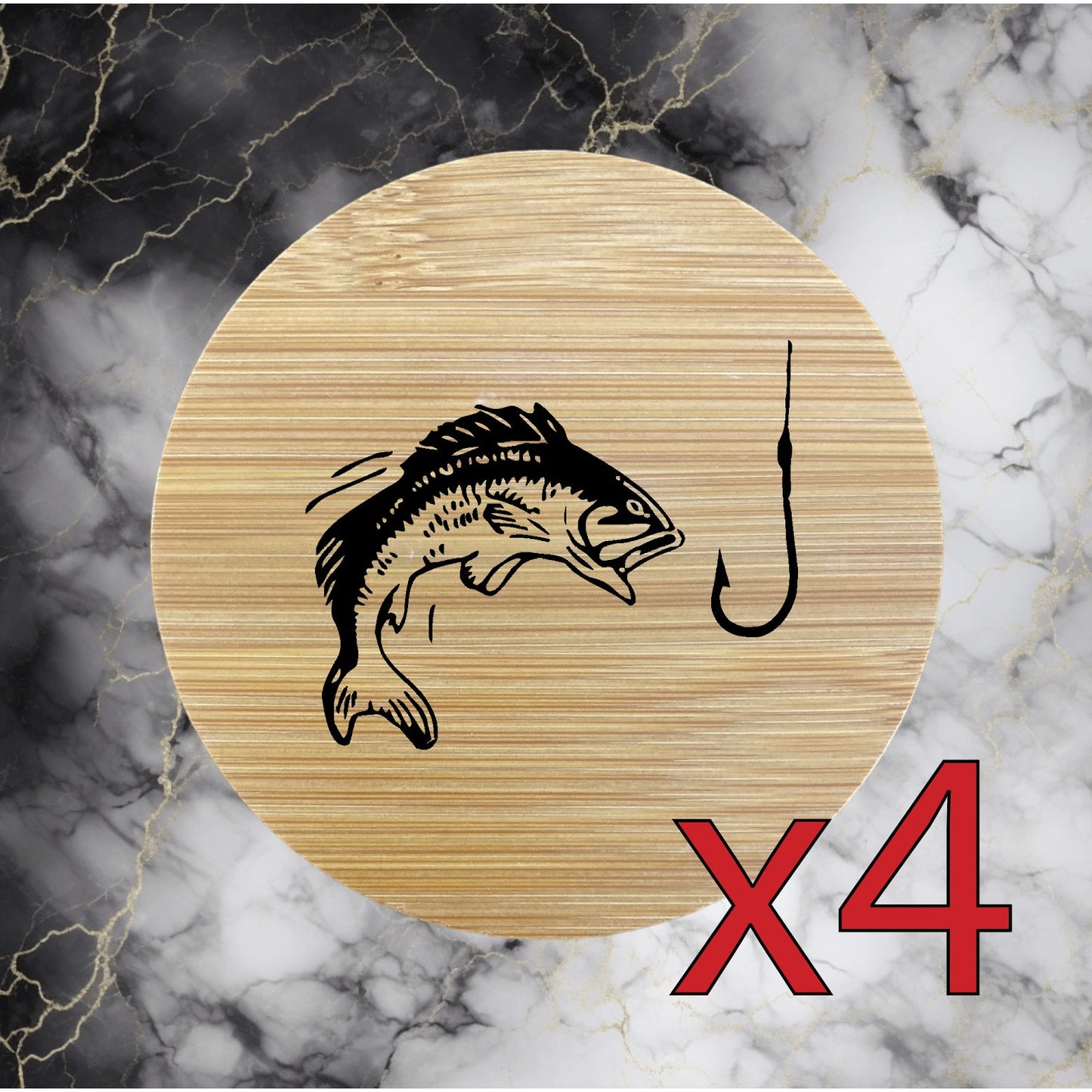 Fishing x4 Bamboo Coasters Drink Natural Wood Home Decor Lounge Hook Outdoor NEW