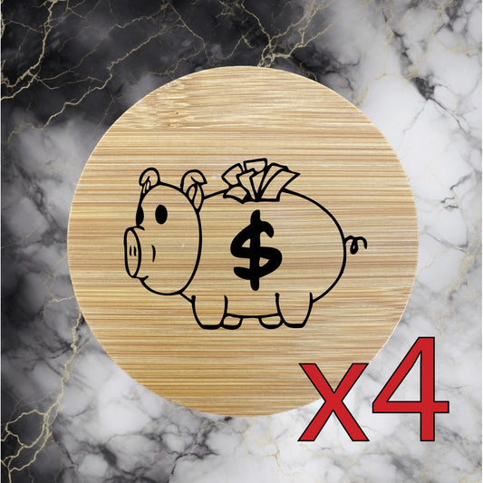 Piggy Bank x4 Bamboo Coasters Drink Natural Wood Home Decor Lounge Money NEW