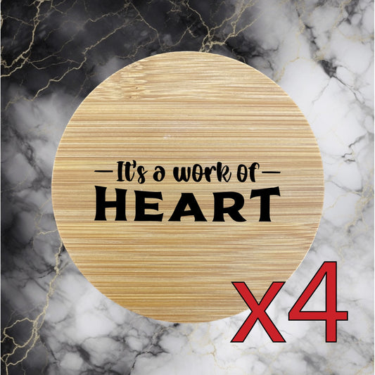 Work of Heart x4 Bamboo Coasters Drink Natural Wood Home Decor Lounge Job NEW