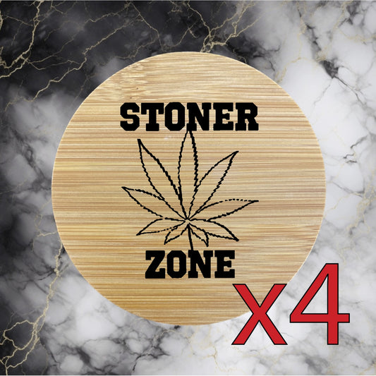 Stoner Zone x4 Bamboo Coasters Drink Natural Wood Home Decor Lounge Weed 420 NEW