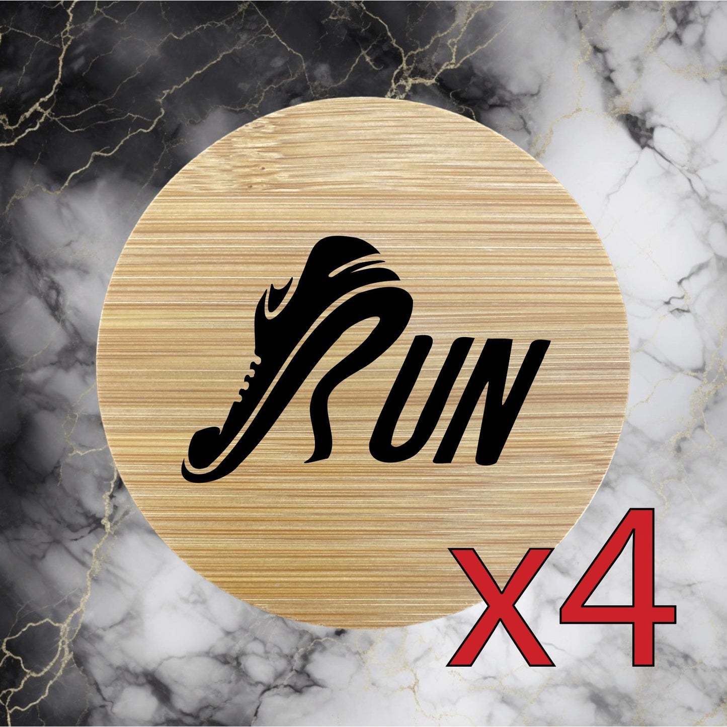 Run Shoe x4 Bamboo Coasters Drink Natural Wood Home Decor Lounge Cardio Gym NEW