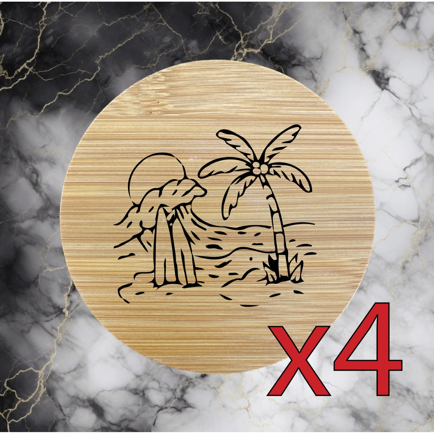 Beach x4 Bamboo Coasters Drink Natural Wood Home Decor Lounge Ocean Surf NEW