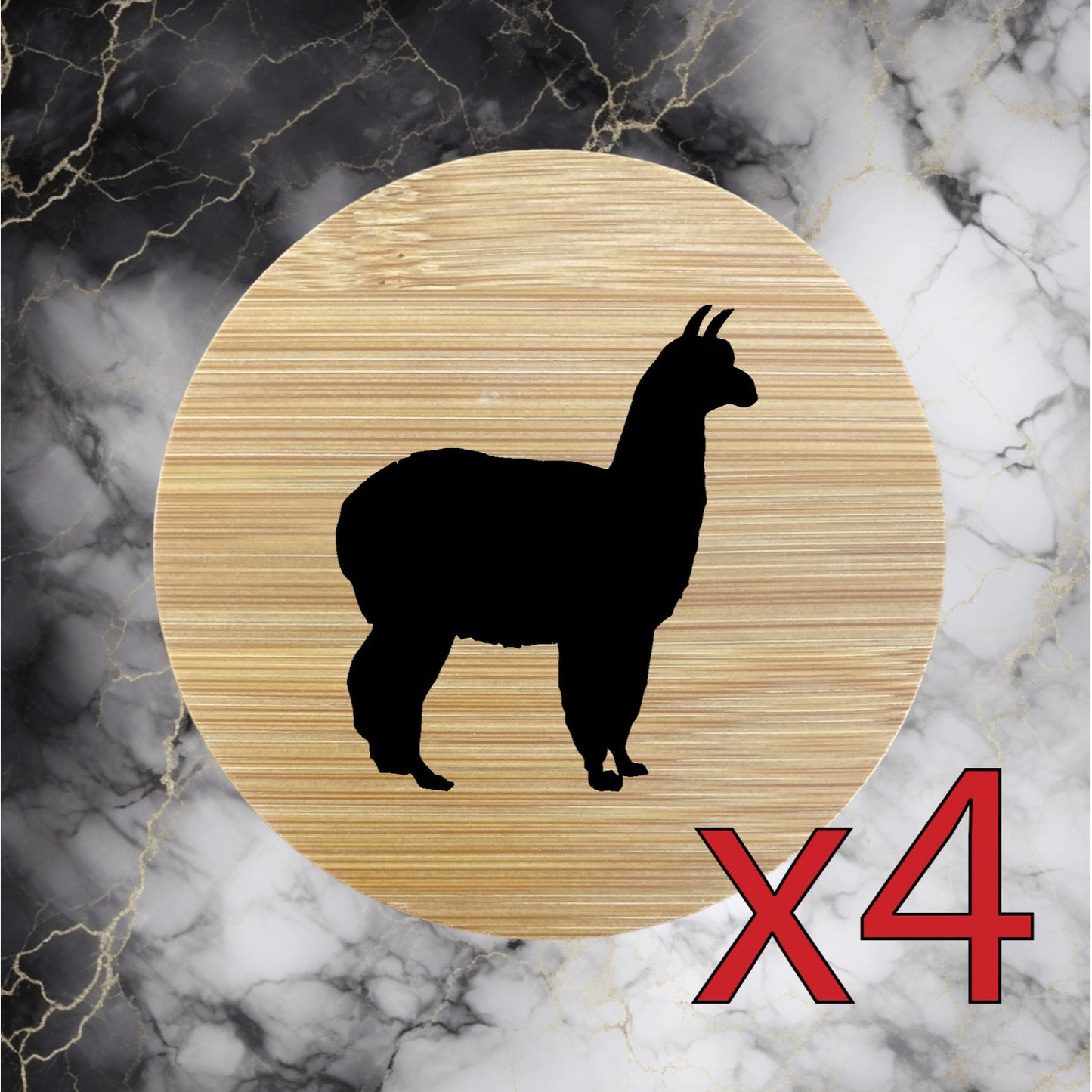 Llama x4 Bamboo Coasters Drink Natural Wood Home Decor Lounge Alpaca Wool NEW