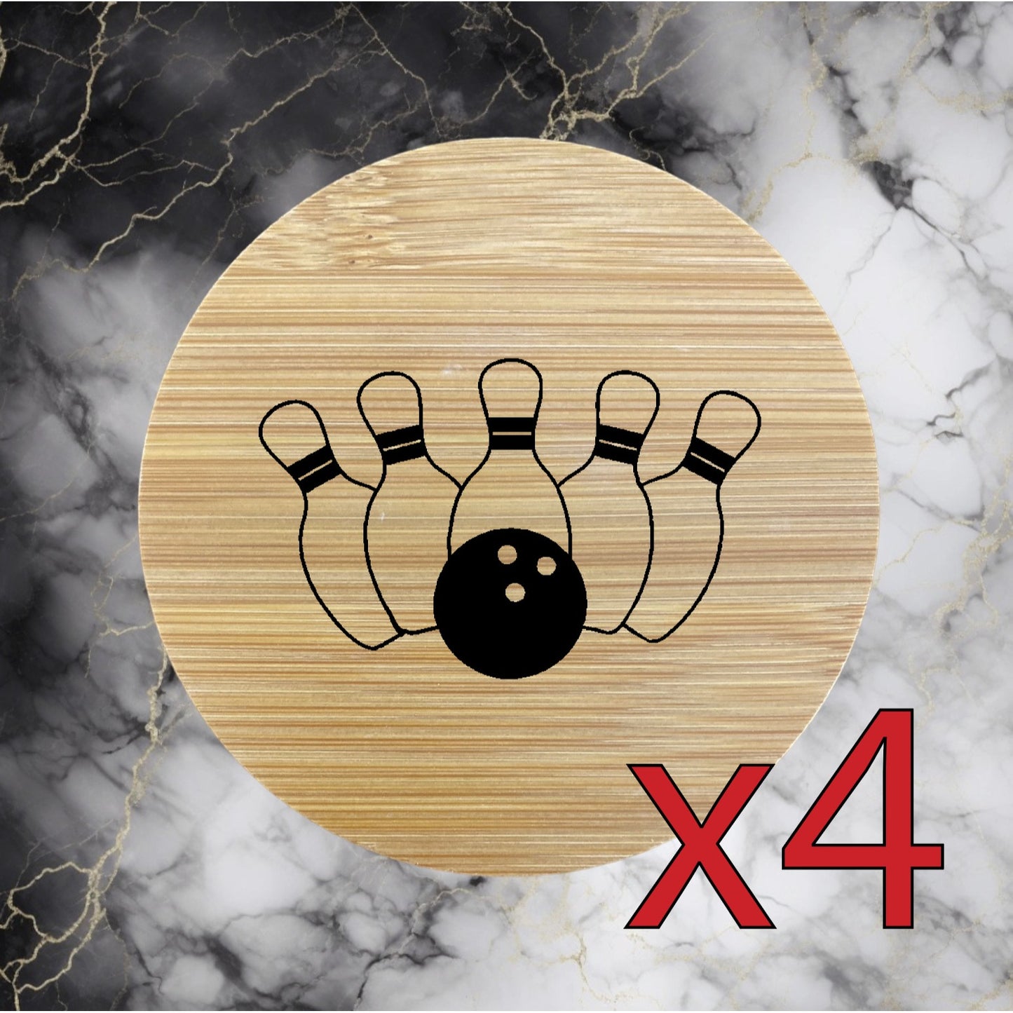 Bowling x4 Bamboo Coasters Drink Natural Wood Home Decor Lounge Sport Game NEW