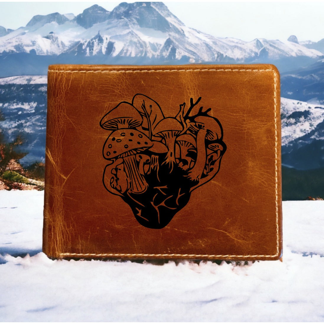 Mushroom Patch Leather Wallet Bifold Premium Quality Buffalo Wild Nature NEW