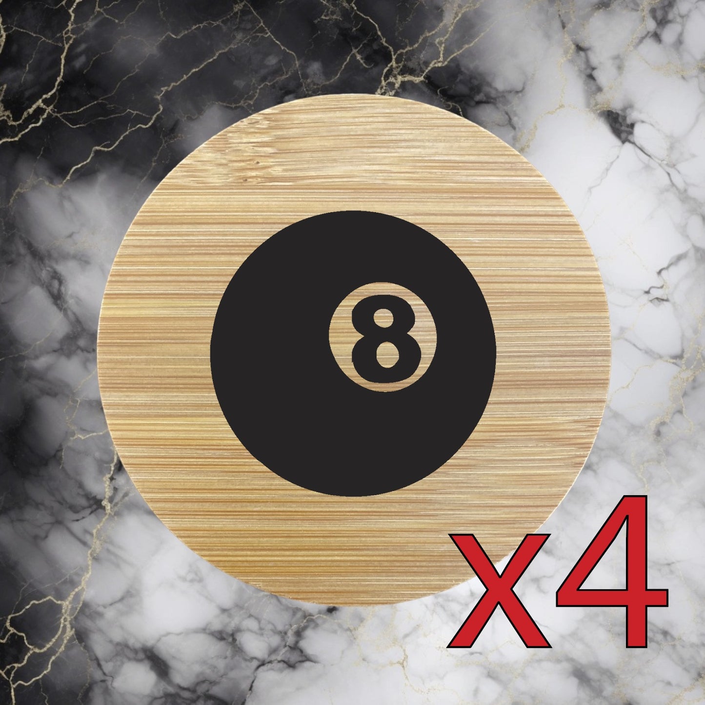 8 Ball x4 Bamboo Coasters Drink Natural Wood Home Decor Pool Billiards NEW