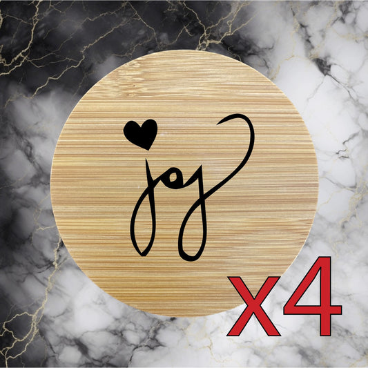 Joy x4 Bamboo Coasters Drink Natural Wood Home Decor Lounge Heart Love NEW