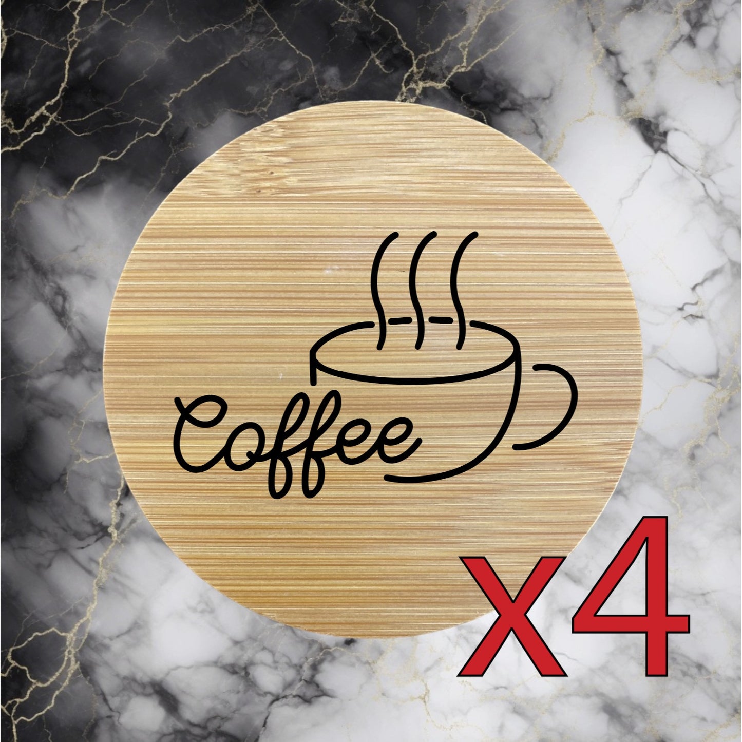 Coffee Cup x4 Bamboo Coasters Drink Natural Wood Home Decor Lounge Brew NEW