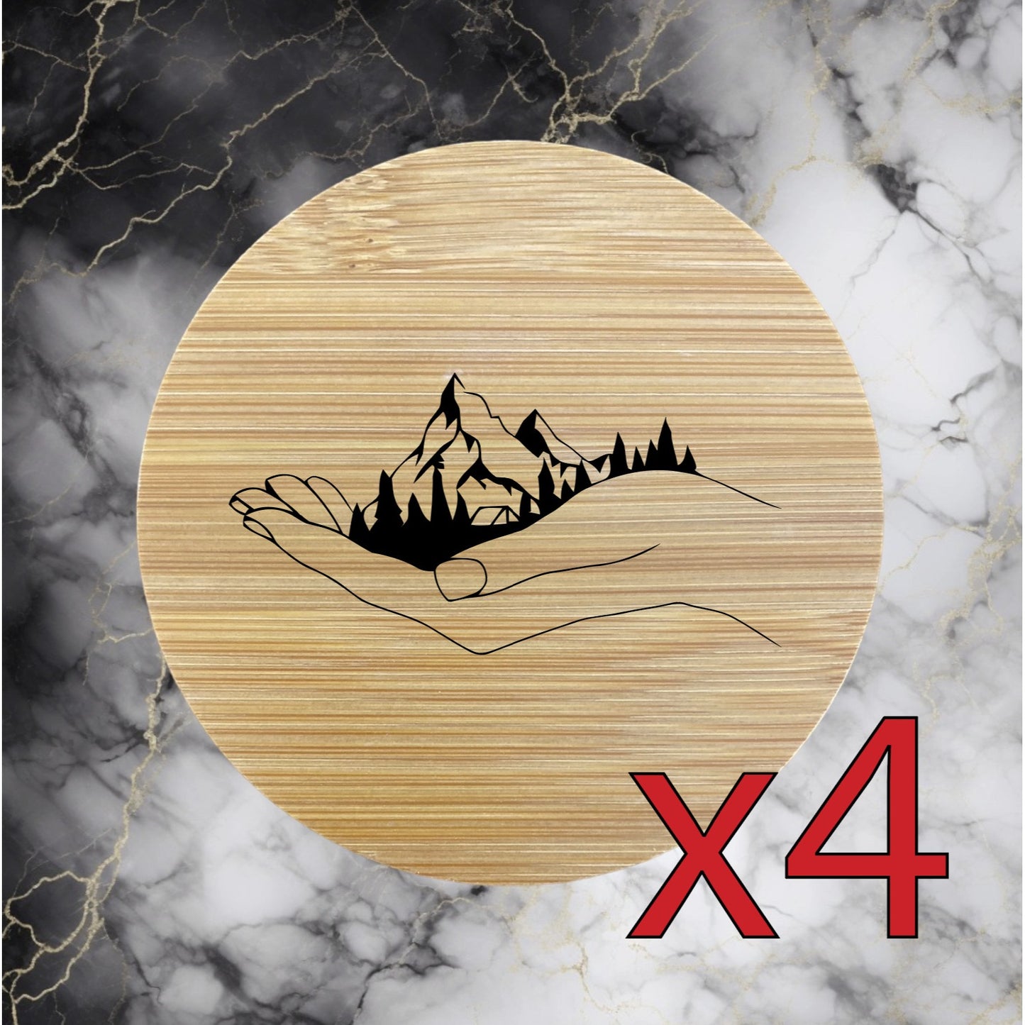 Mountain Hand x4 Bamboo Coasters Drink Natural Wood Home Decor Lounge Nature NEW