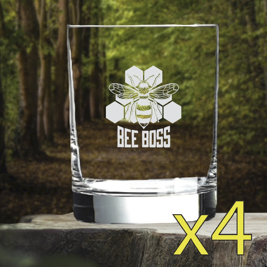 Bee Boss Whiskey Glasses x4 Double 14 Oz Premium Old Fashioned Comb Honey NEW