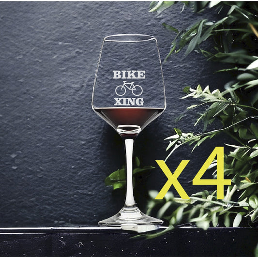 Bike XING Wine Glasses x4 Premium 12 Oz Personalize Travel Bicycle Crossing NEW