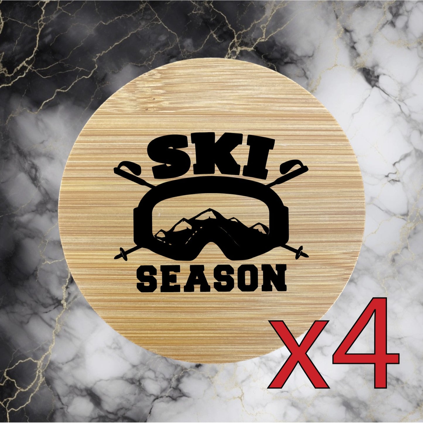 Ski Season x4 Bamboo Coasters Drink Natural Wood Home Decor Lounge Winter NEW