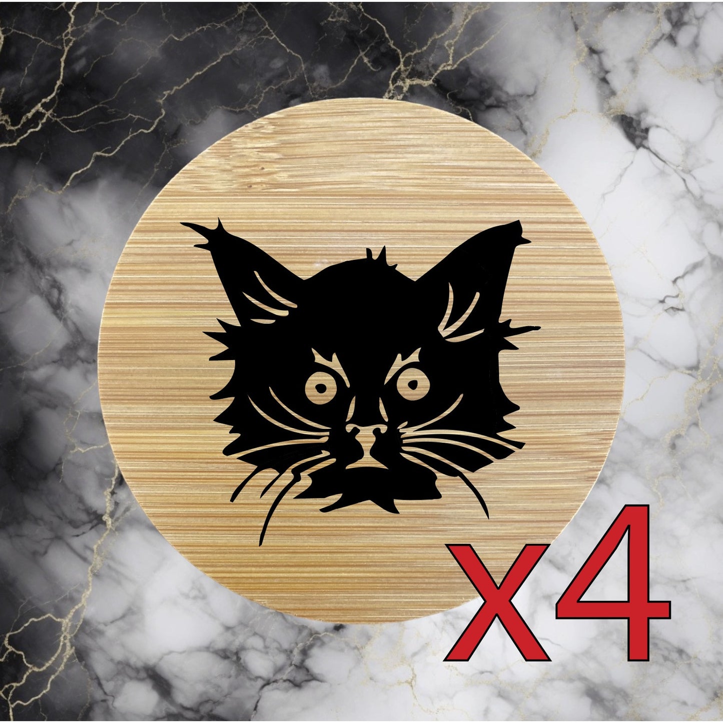 Black Cat x4 Bamboo Coasters Drink Natural Wood Home Decor Lounge Pet NEW