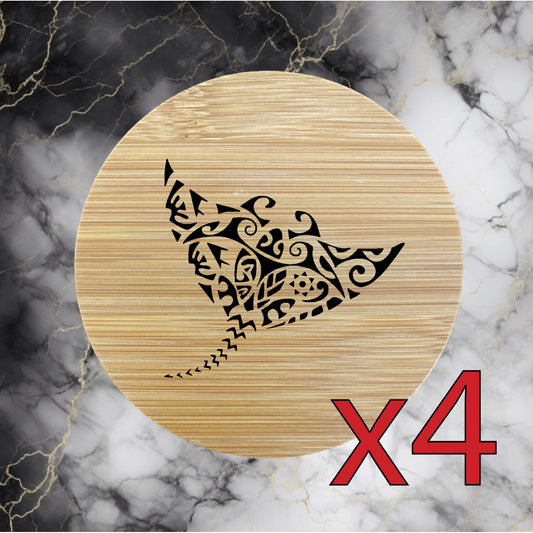 Stingray x4 Bamboo Coasters Drink Natural Wood Home Decor Lounge Art Tribal NEW