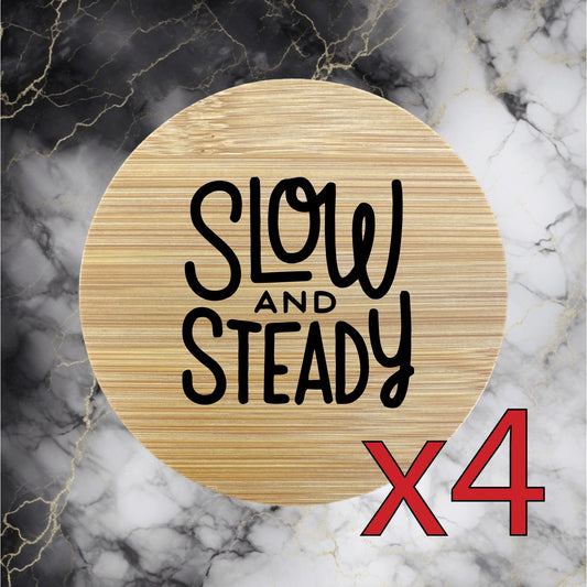 Slow and Steady x4 Bamboo Coasters Drink Natural Wood Home Decor Lounge Gift NEW