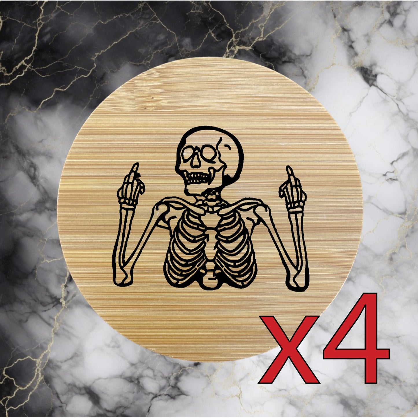 Skeleton x4 Bamboo Coasters Drink Natural Wood Home Decor Lounge Bird Finger NEW