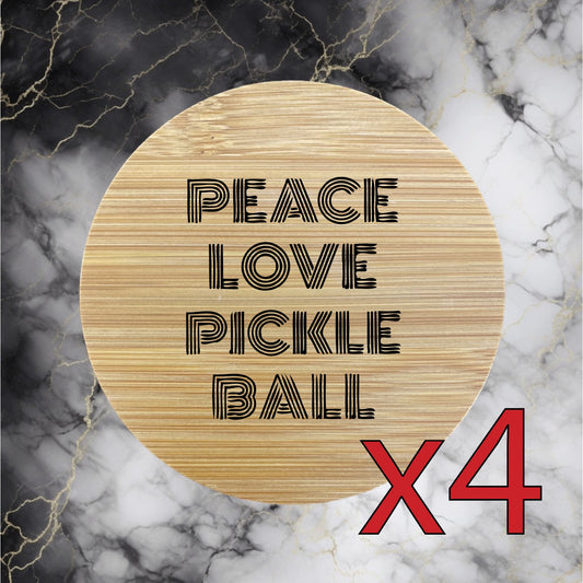 Pickleball x4 Bamboo Coasters Drink Natural Wood Home Decor Lounge Peace NEW