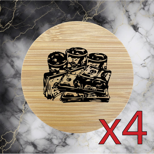 Money Stack x4 Bamboo Coasters Drink Natural Wood Home Decor Lounge Cash NEW