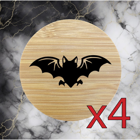 Bat x4 Bamboo Coasters Drink Natural Wood Home Decor Lounge Animal Wild NEW