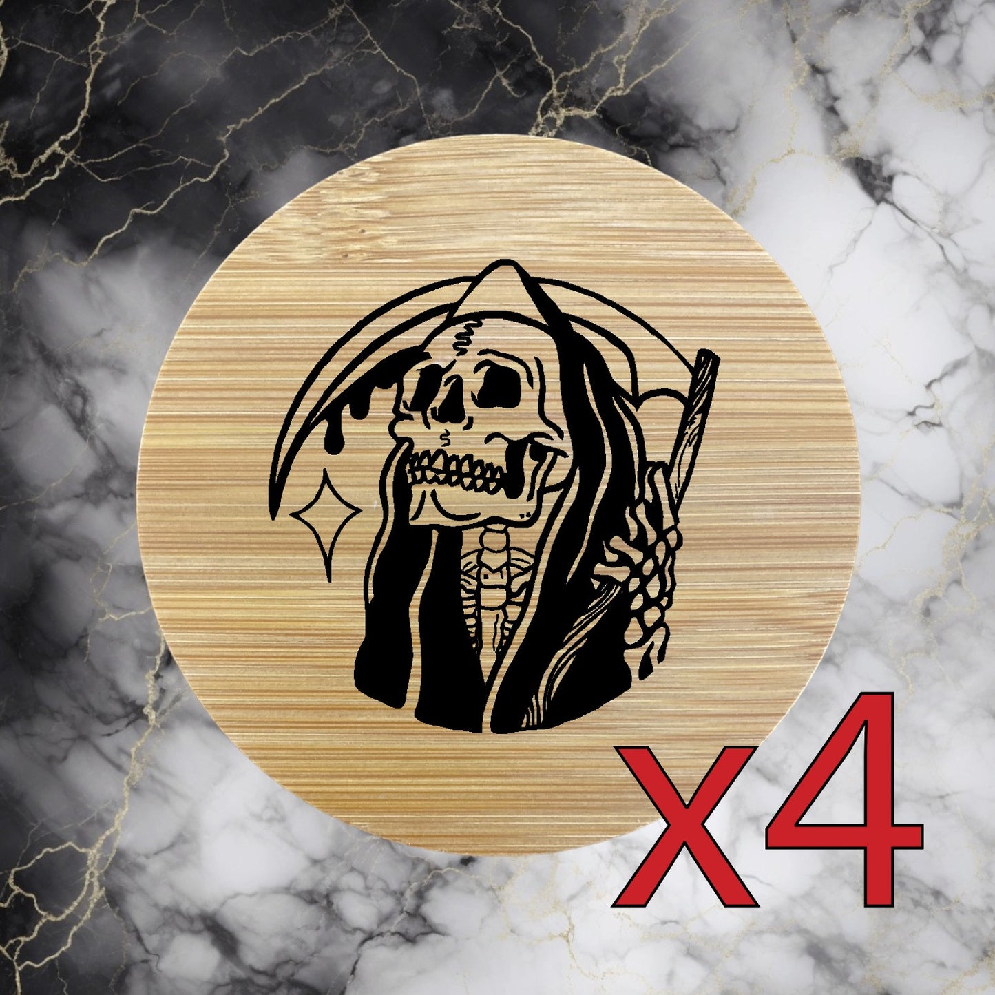 Grim Reaper x4 Bamboo Coasters Drink Natural Wood Home Decor Lounge Skull NEW