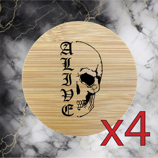 Alive Skull x4 Bamboo Coasters Drink Natural Wood Home Decor Lounge Bones NEW