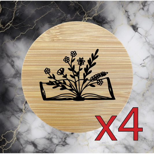 Book Flower x4 Bamboo Coasters Drink Natural Wood Home Decor Lounge Floral NEW