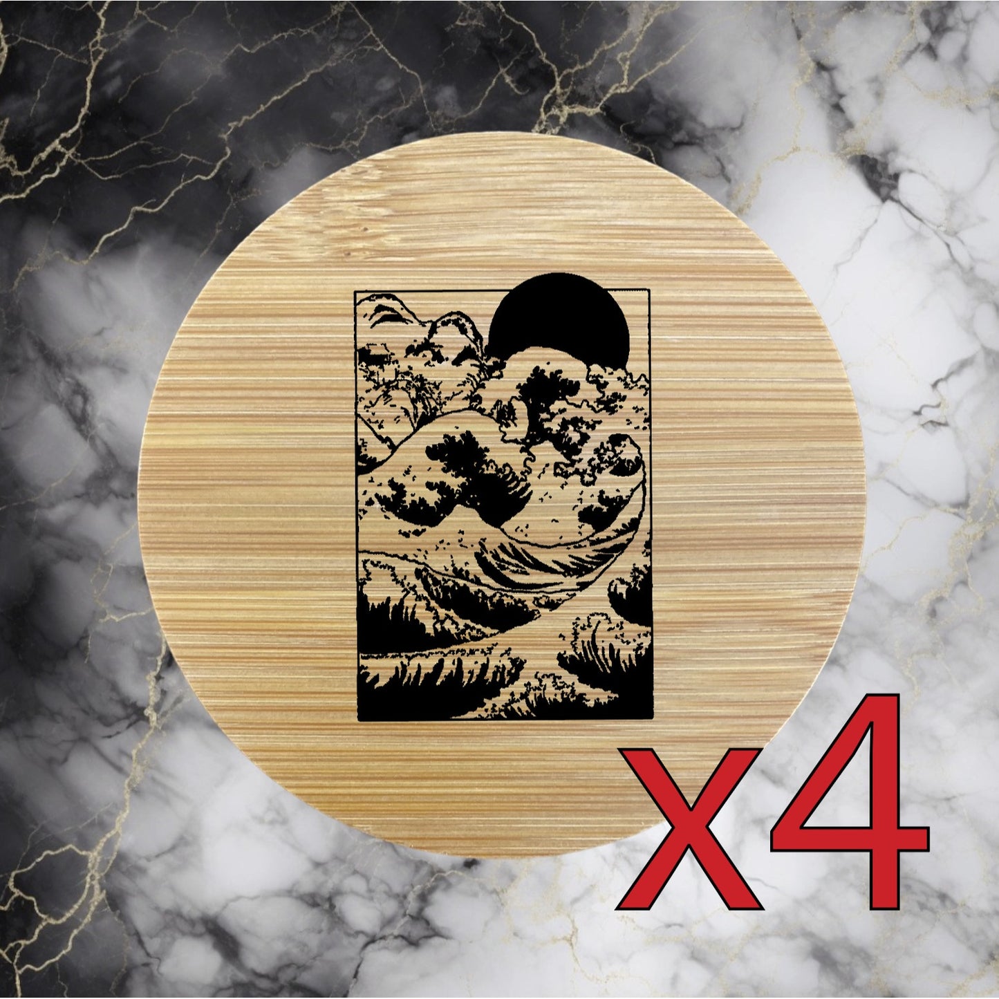 Ocean Waves x4 Bamboo Coasters Drink Natural Wood Home Decor Lounge Sun NEW