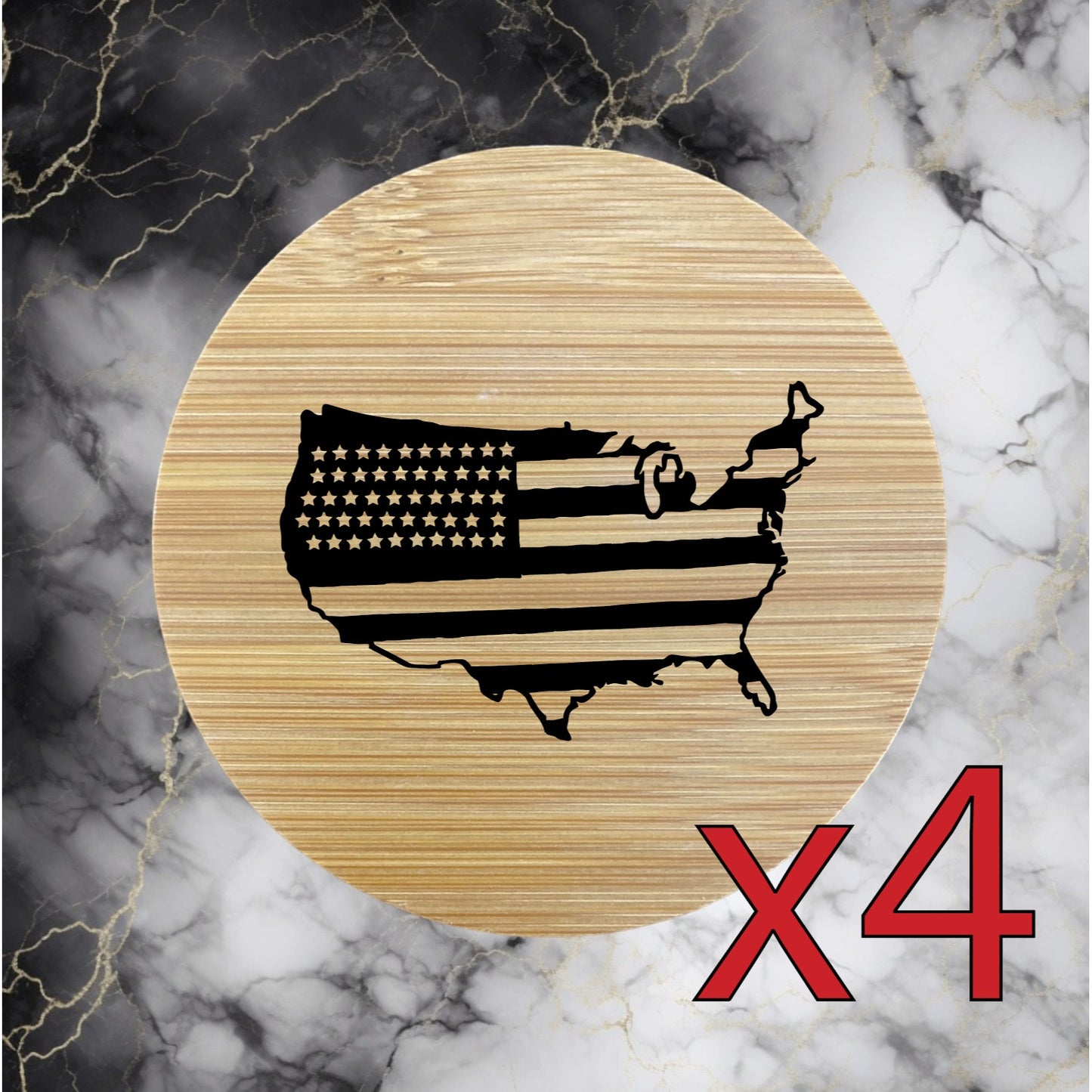 America Shape x4 Bamboo Coasters Drink Natural Wood Home Decor Lounge USA NEW