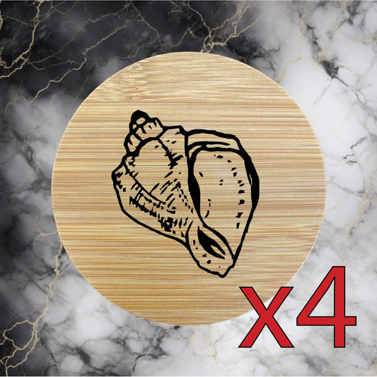 Conch Shell x4 Bamboo Coasters Drink Natural Wood Home Decor Lounge Beach NEW