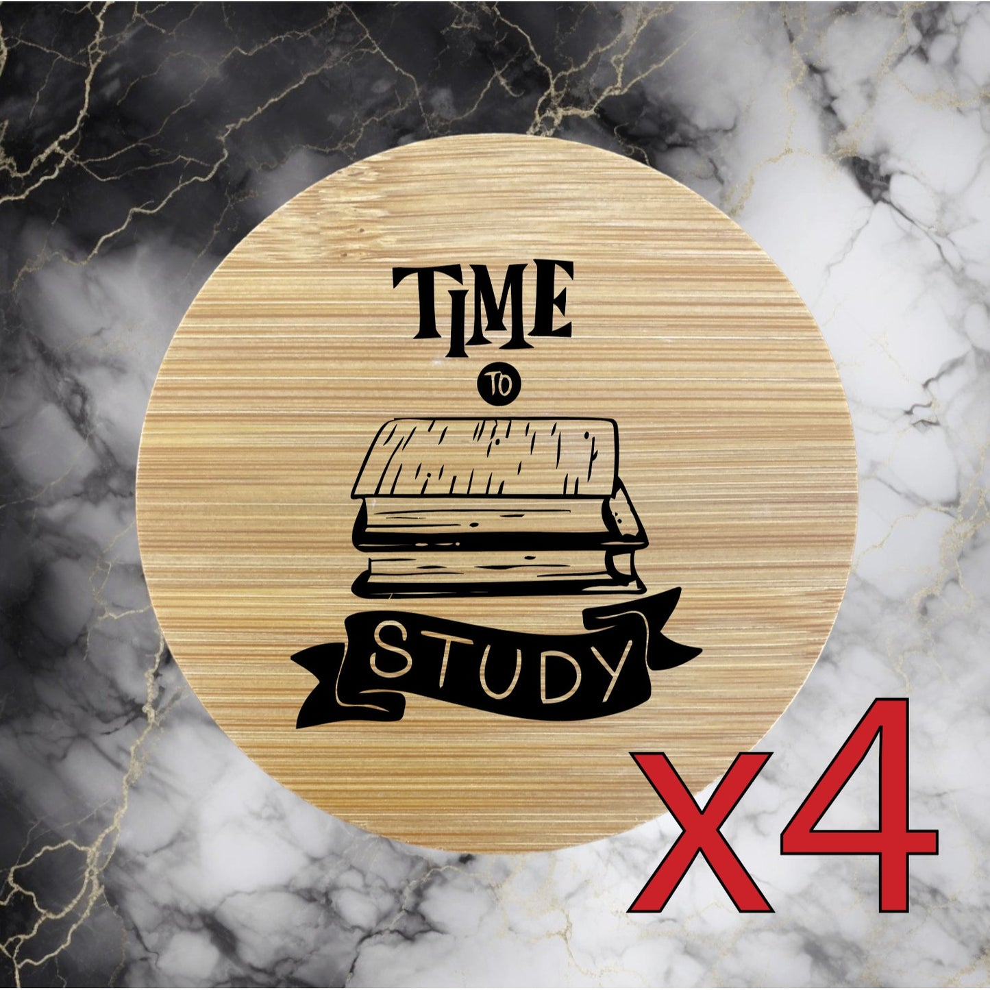 Time To Study x4 Bamboo Coasters Drink Natural Wood Home Decor Lounge Book NEW