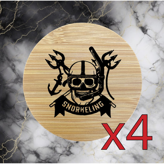 Snorkeling Skull x4 Bamboo Coasters Drink Natural Wood Home Decor Lounge Art NEW