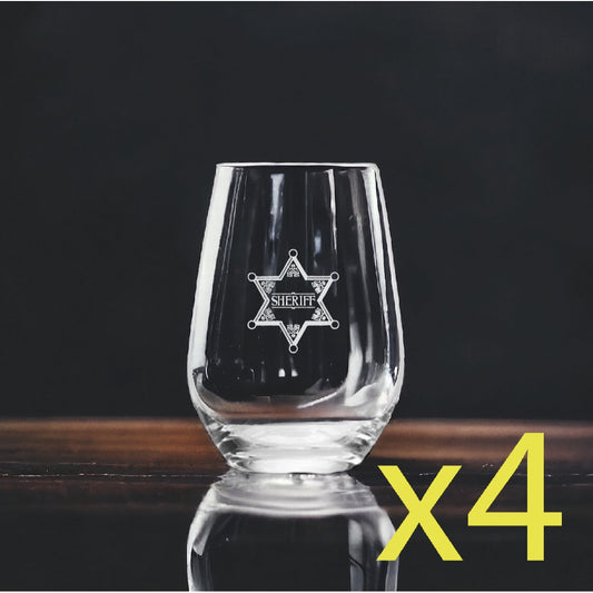 Sheriff Badge Stemless Wine Glasses x4 Premium 15 Oz Personalize Retro NEW