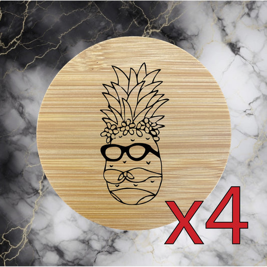 Pineapple x4 Bamboo Coasters Drink Natural Wood Home Decor Lounge Bikini NEW