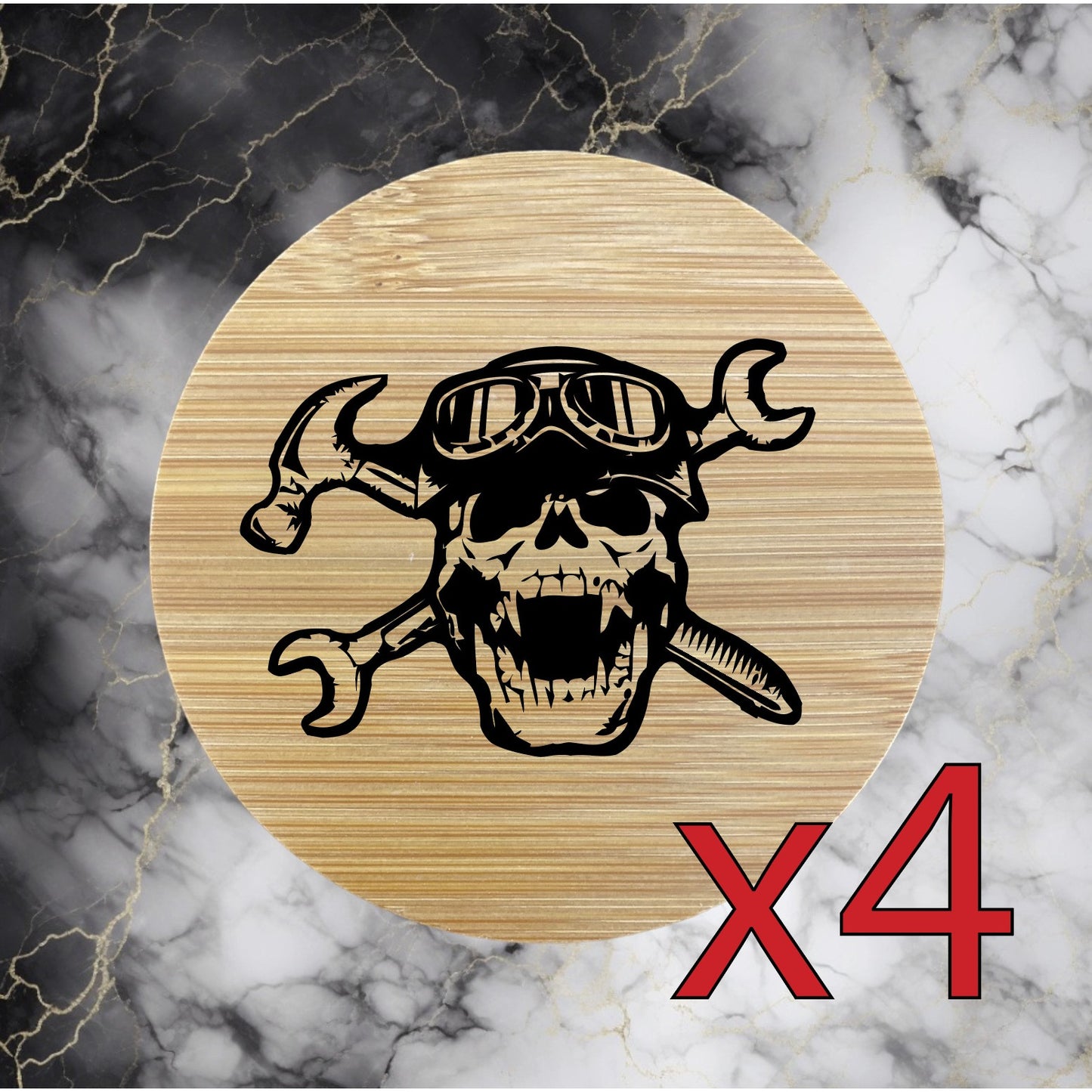 Skull Work x4 Bamboo Coasters Drink Natural Wood Home Decor Lounge Wrench NEW