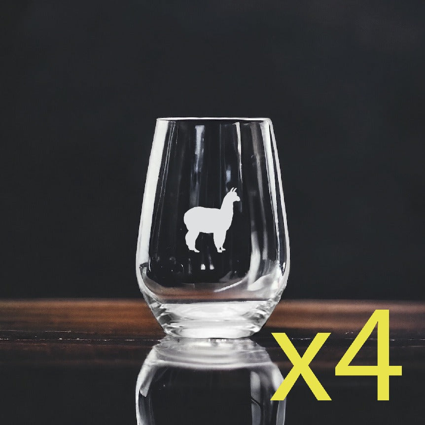 Llama Alpaca Stemless Wine Glasses x4 Premium 15 Oz Personalize Farm Animal NEW