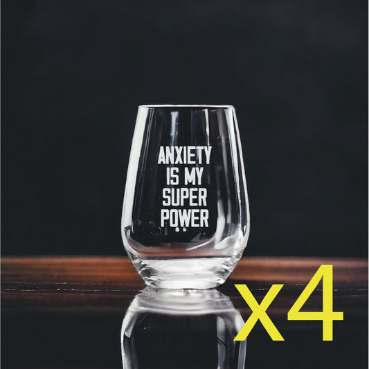 Anxiety Superpower Stemless Wine Glasses x4 Premium 15 Oz Personalize NEW