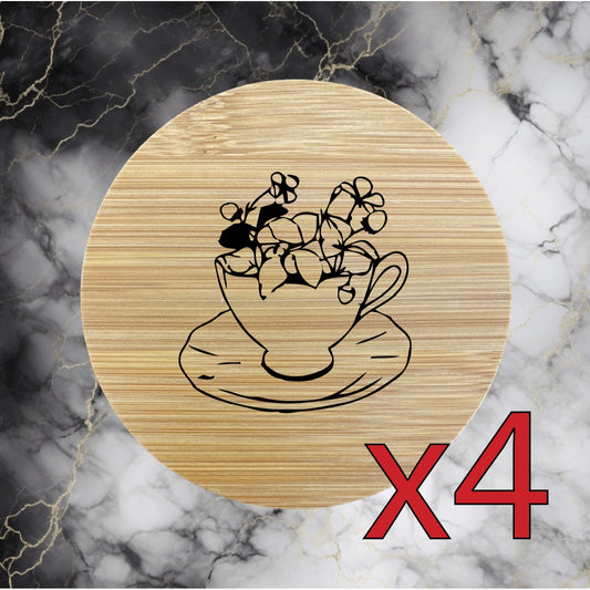 Teacup x4 Bamboo Coasters Drink Natural Wood Home Decor Lounge Flower Floral NEW