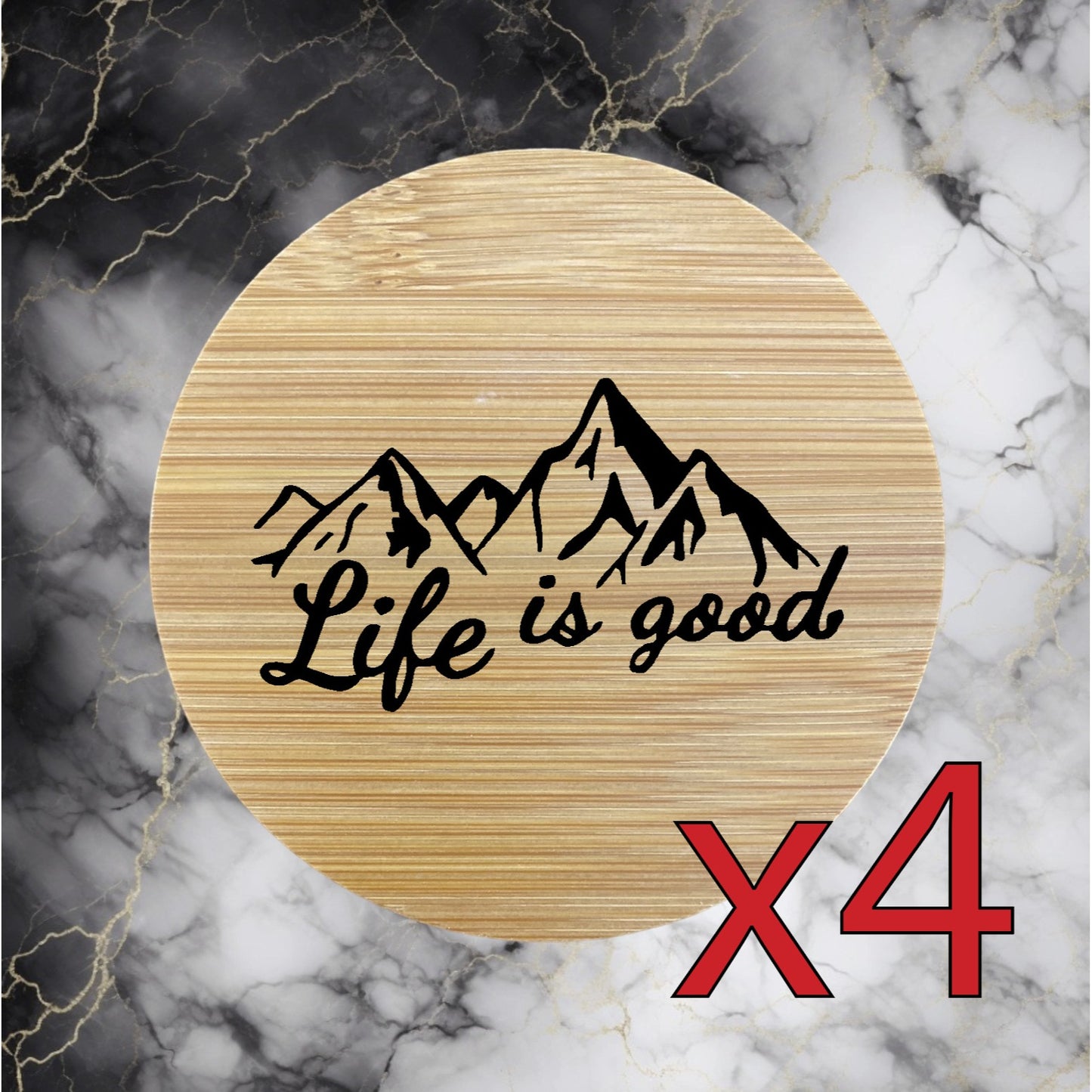 Life is Good x4 Bamboo Coasters Drink Natural Wood Home Decor Lounge Quote NEW