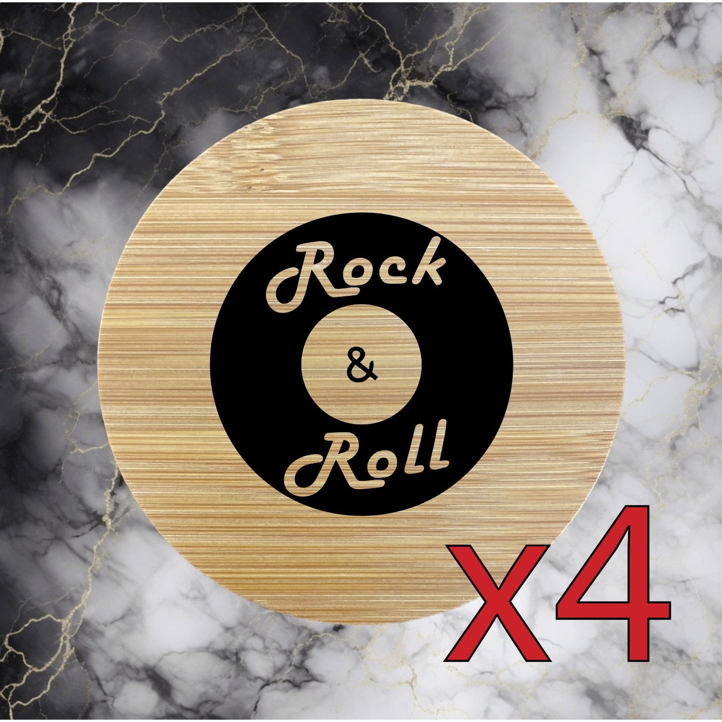 Rock & Roll x4 Bamboo Coasters Drink Natural Wood Home Decor Lounge Record NEW