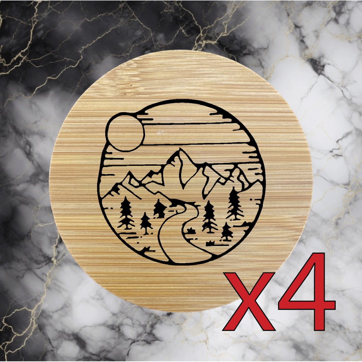 Mountain x4 Bamboo Coasters Drink Natural Wood Home Decor Lounge Outdoor NEW