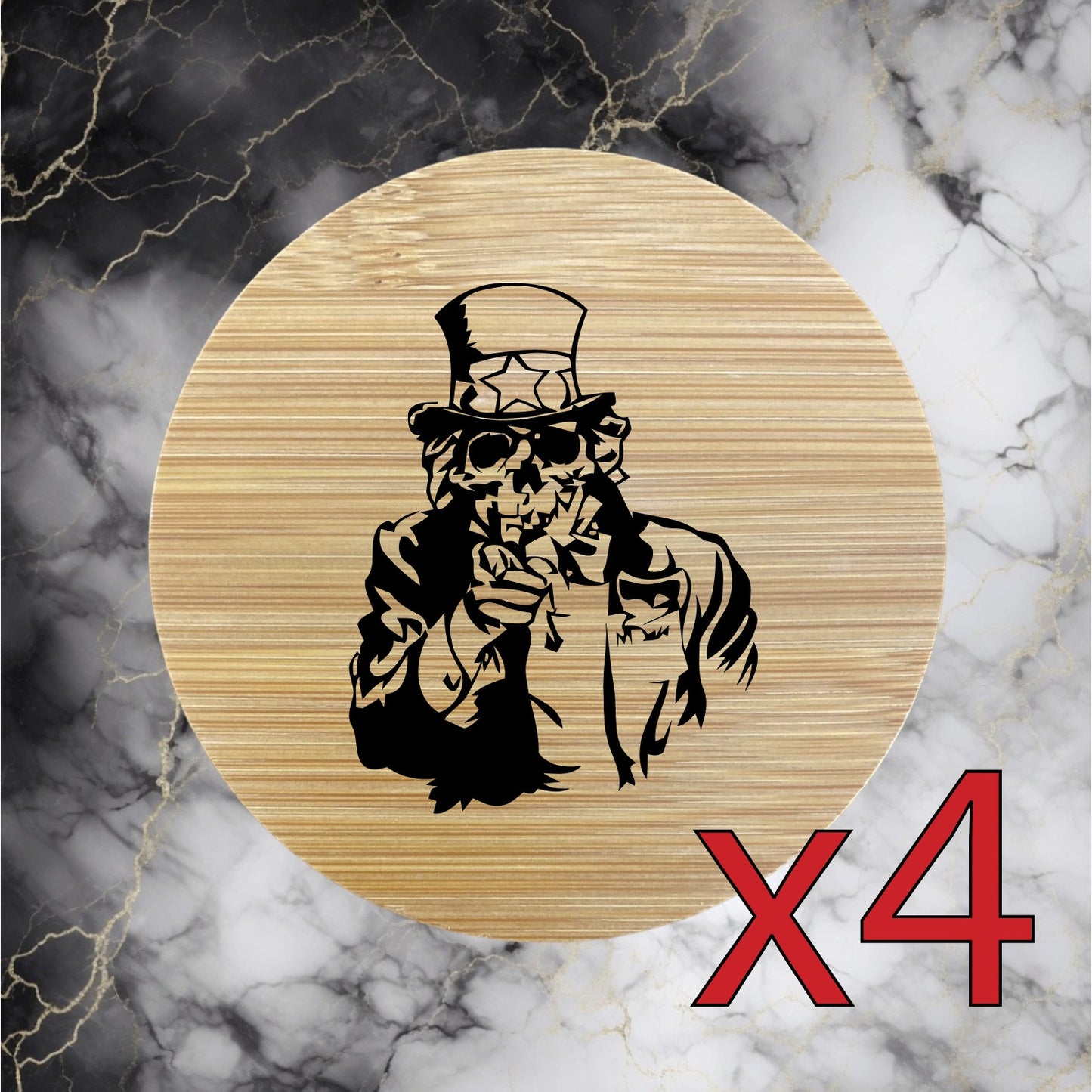 Uncle Sam x4 Bamboo Coasters Drink Natural Wood Home Decor Lounge Skull USA NEW